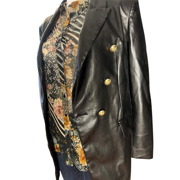 TRUTH By Republic Black Faux Leather Longline Double Breasted Blazer Size US 6 - Picture 3 of 7